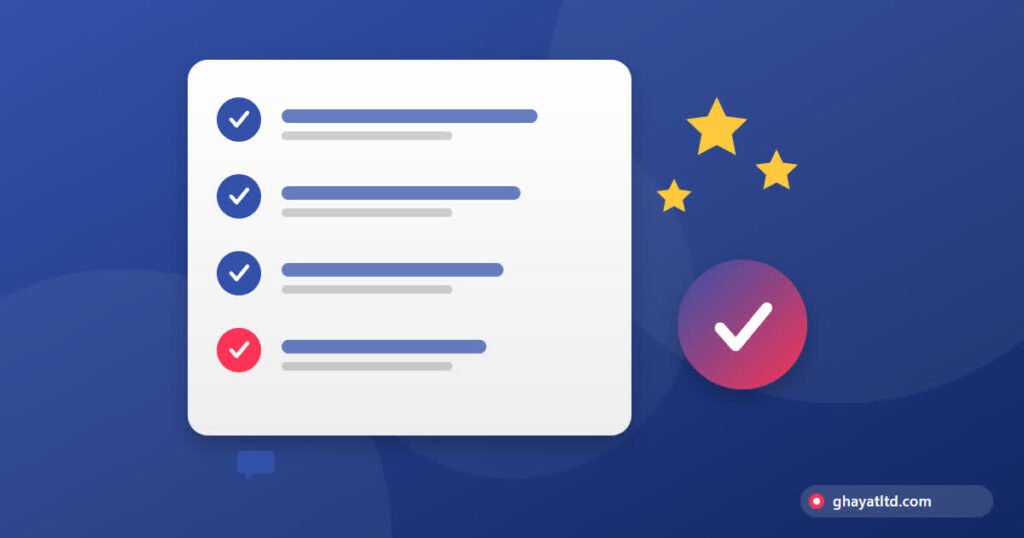 A four-item checklist with check marks, stars, and an approval seal