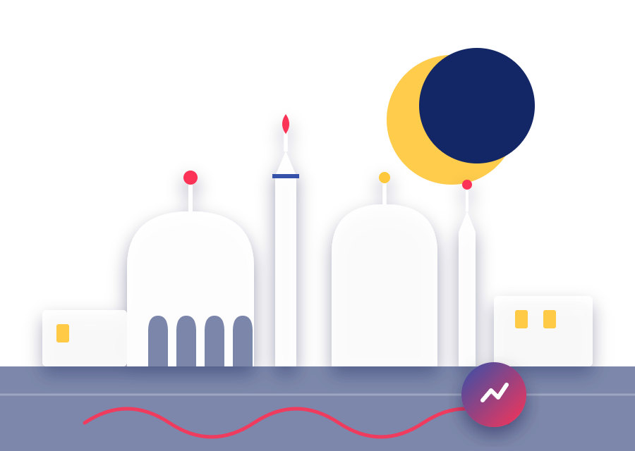 An illustration of the Damascus skyline with a dome, two minarets, a crescent, and a growth arrow