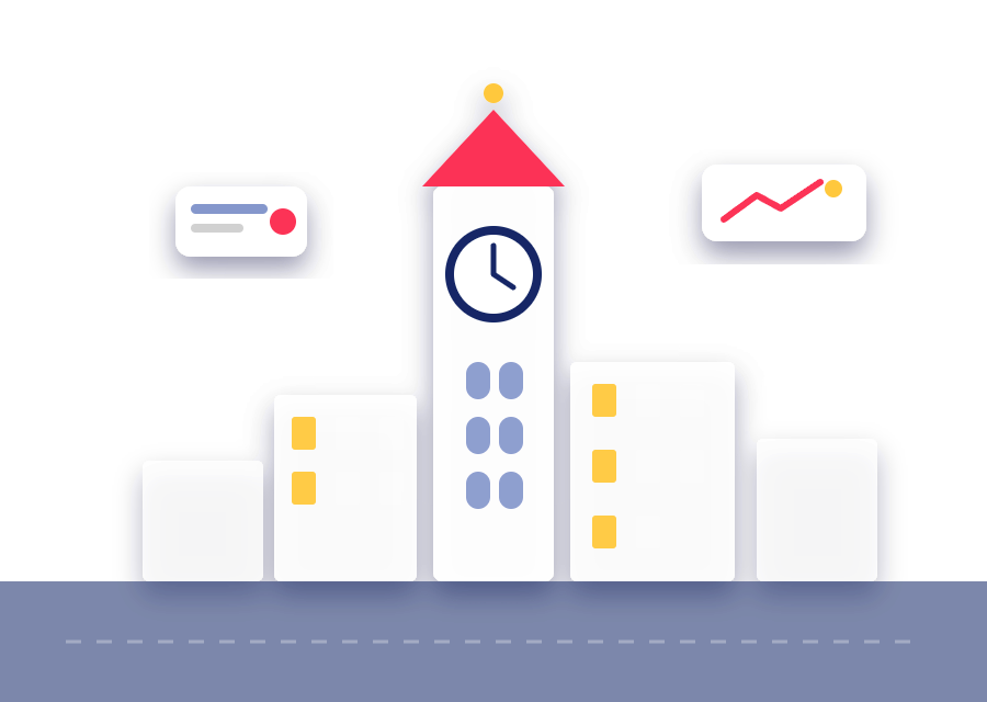 An illustration of a clock tower and city buildings with stats cards and a growth sign