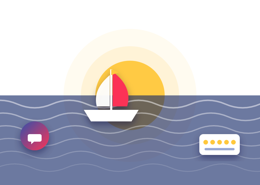 An illustration of the Latakia sea with a sail, a sun, and waves with a message icon