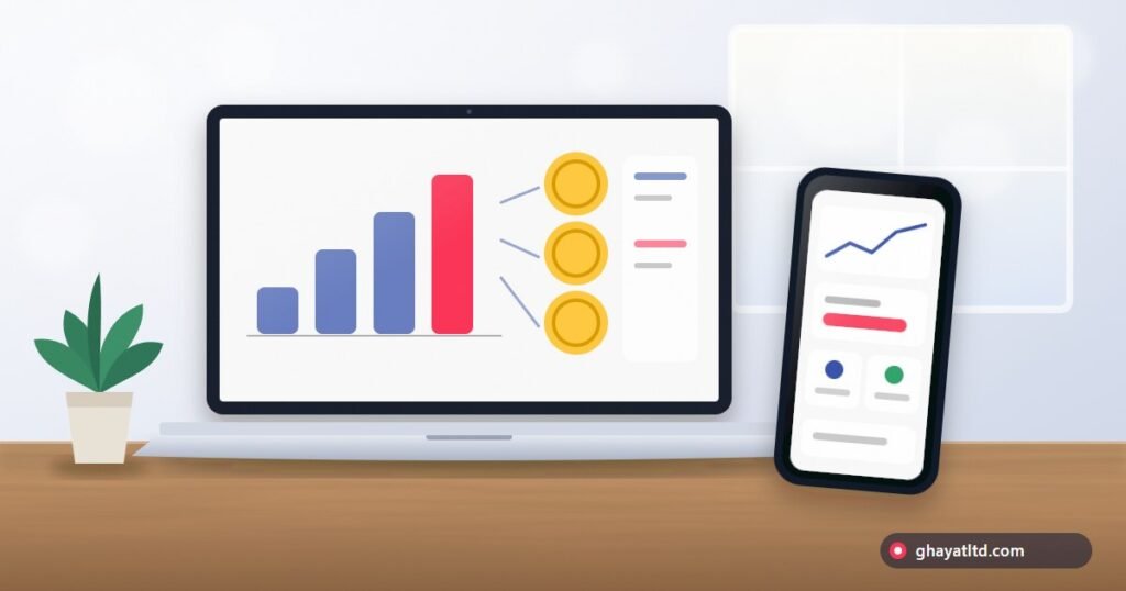 A table with a laptop showing page insights, a phone, and papers comparing income sources