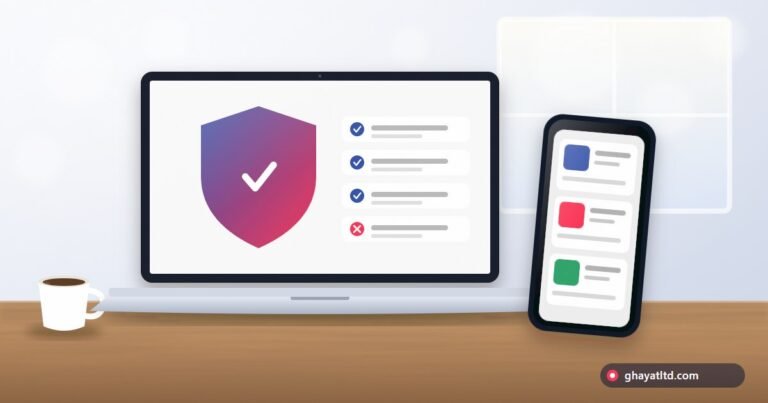 A desk with a laptop and phone showing a shield and lock protecting a business account