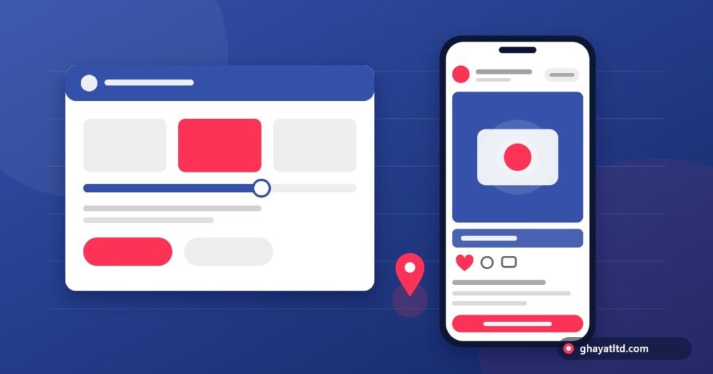 شاشة إعدادات حملة إعلانية بجانب جوال يعرض إعلان إنستغرام مع دبوس موقع