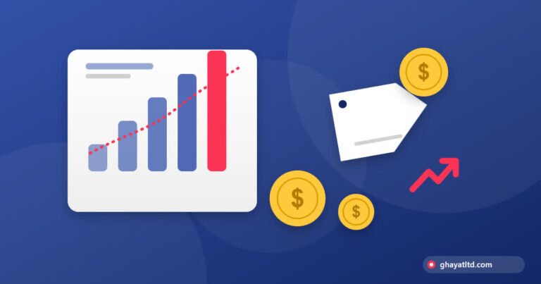 أعمدة بيانية صاعدة وبطاقة سعر وعملات ذهبية