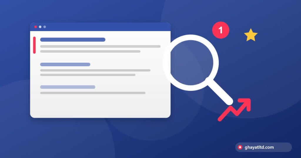 A search results page with a large magnifier, a rising arrow, and first place