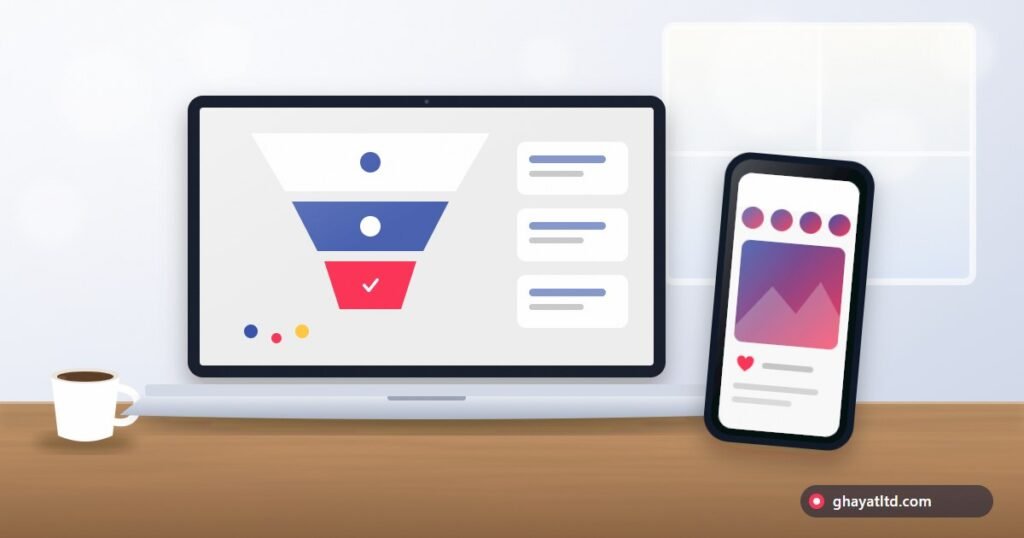 A desk with a laptop showing a marketing funnel with its stages and a phone beside it