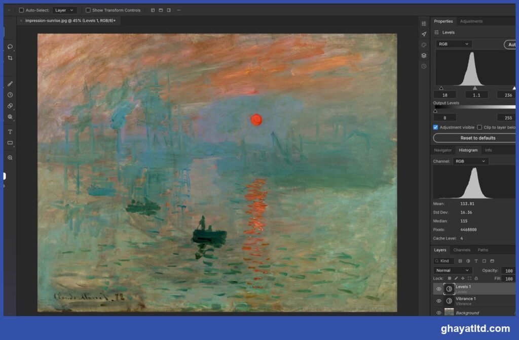 طبقات ضبط الألوان في PhotoCraft مع مخطط الهيستوغرام على لوحة الشروق لمونيه